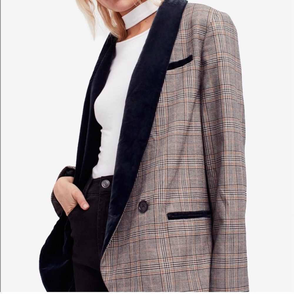 Free People Plaid Blazer with Black Accents Sz M